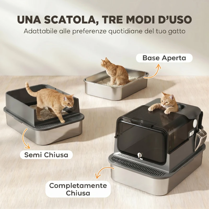 PawHut Lettiera Gatto Chiusa in Acciaio Inox 52L con Coperchio Ribaltabile, Doppia Porta, Paletta, Nero