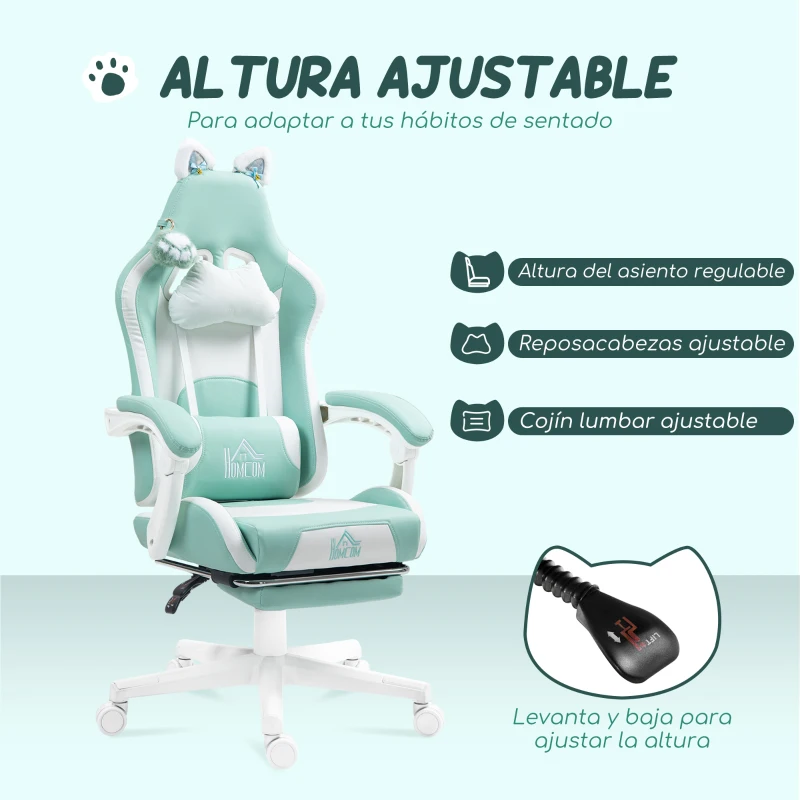 HOMCOM Silla Gamer Reclinable con Altura Ajustable Reposapiés Retráctil Soporte Lumbar y Reposacabezas Desmontable Verde Menta