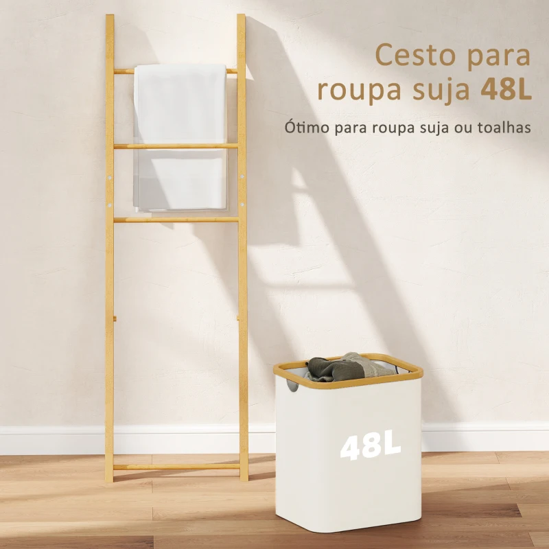 HOMCOM Estante para Casa de Banho de Bambu com 3 Barras e Cesto para Roupa Suja Removível de 48 L 43x35x133 cm Creme e Madeira