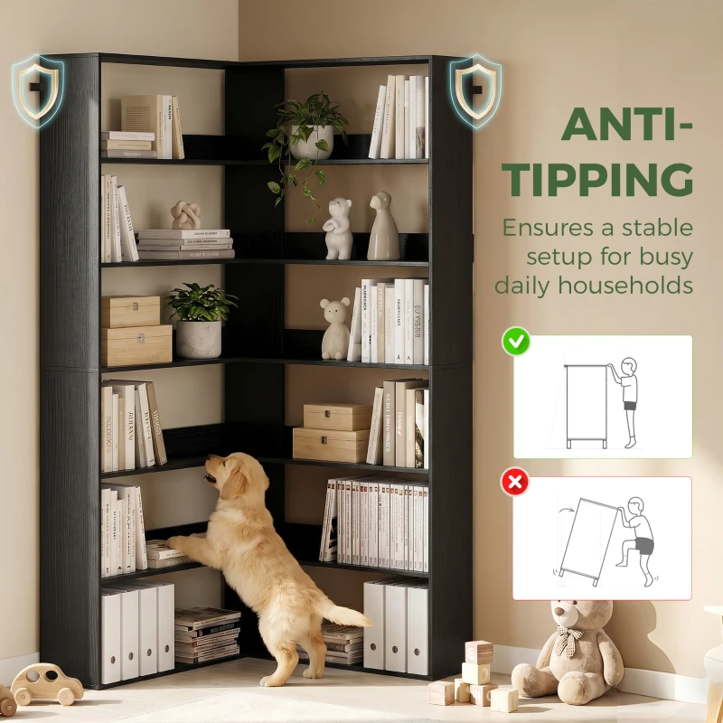 HOMCOM 7 Tiers Bookshelf, L-Shaped Corner Bookcase with Anti-Slip Rear Guard, Black Wood Effect