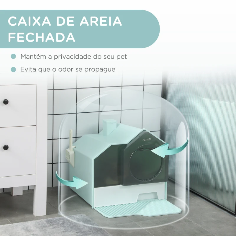 PawHut Caixa de Areia Fechada para Gatos com Bandeja Amovível Pá e Filtro Desodorizante 47x45x42 cm Azul Claro