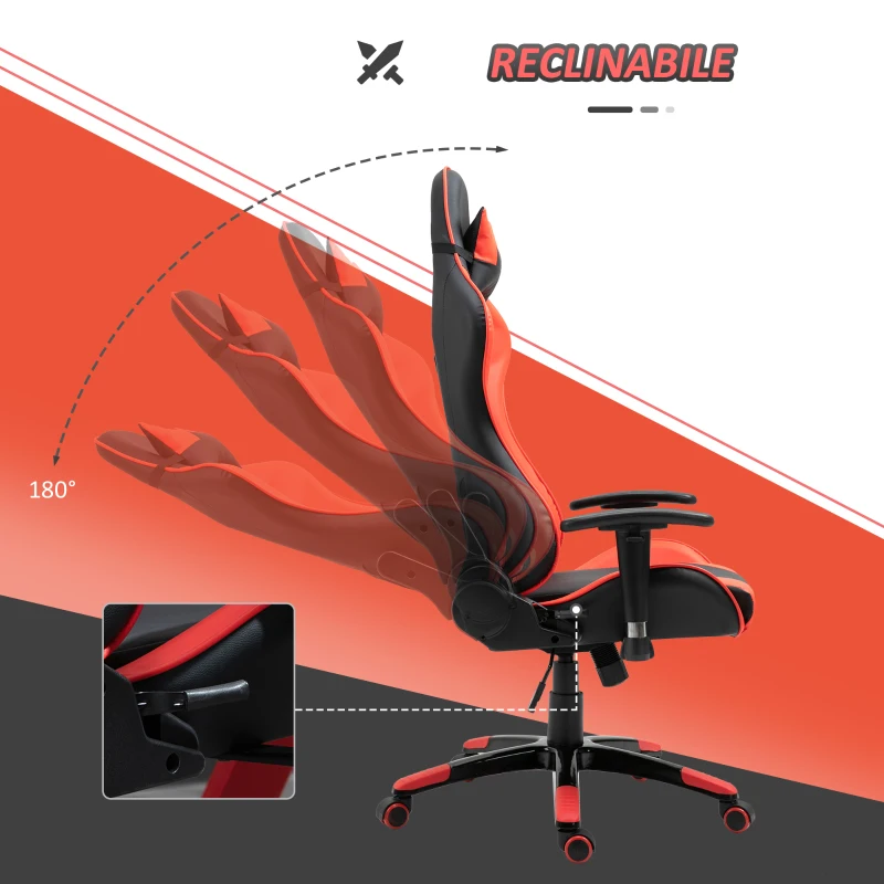 HOMCOM Sedia Gaming Professionale Girevole，Sedia da Ufficio Reclinabile con Sostegno Lombare e Collo PVC 67 x 67 x 123-132cm Nero-rosso