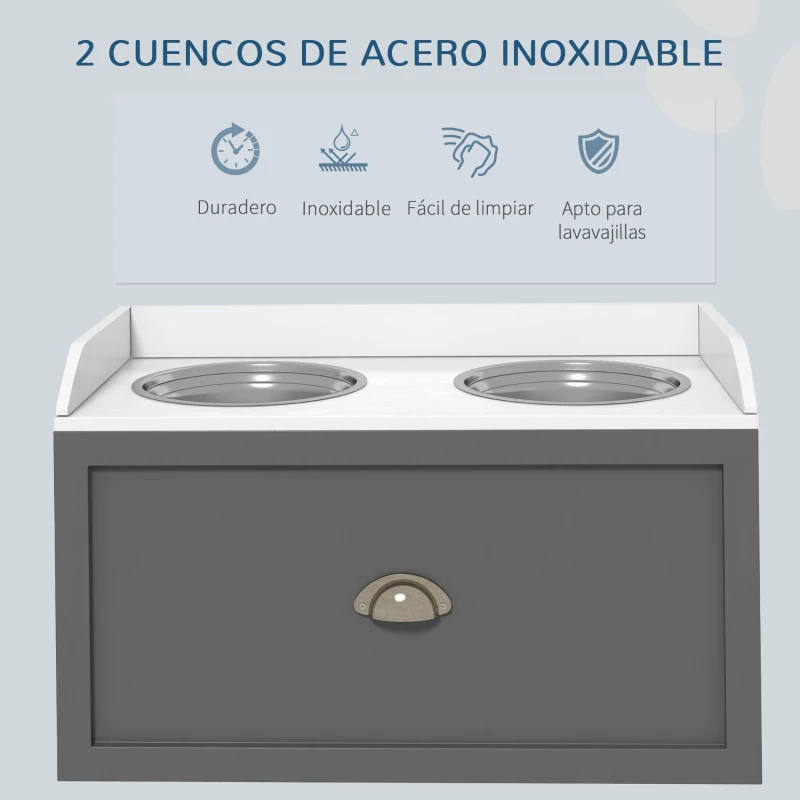 PawHut Comedero Elevado para Perros Grandes con 2 Cuencos de 2000 ml de Acero Inoxidable y 1 Cajón 63x30x36 cm Gris y Blanco