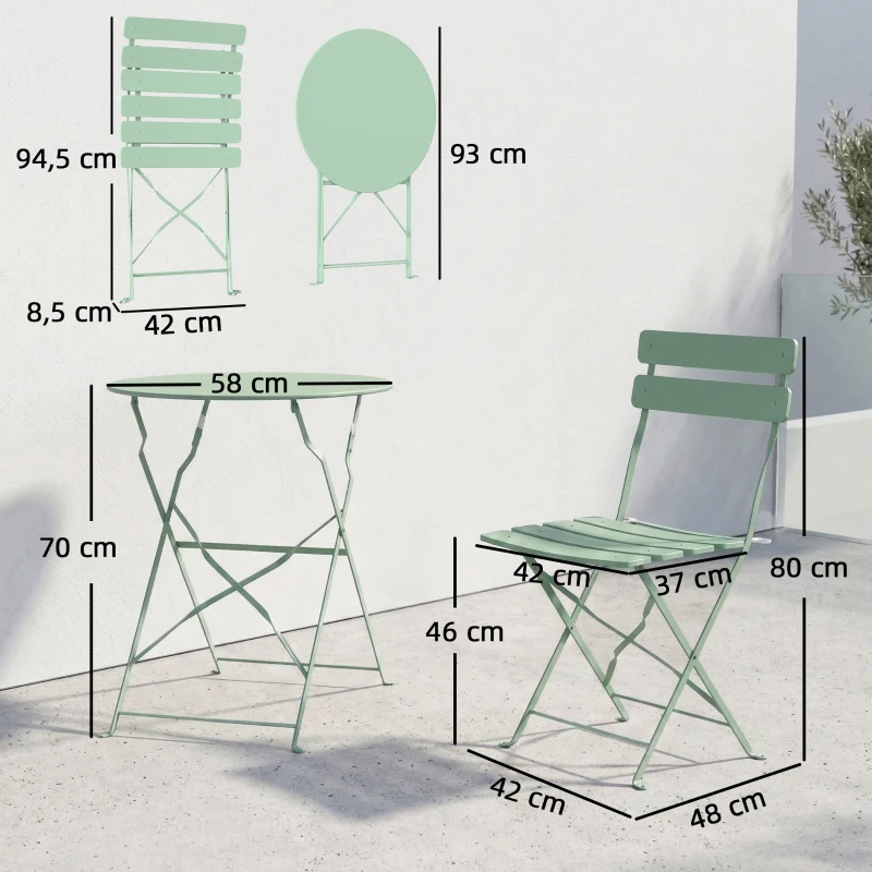 Outsunny Conjunto de Jardim Dobrável com 2 Cadeiras Dobráveis e Mesa Redonda Estrutura Metálica Eletroforética para Varanda Verde