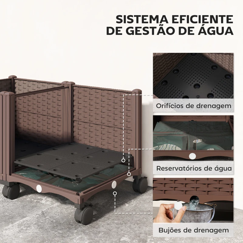 Outsunny Floreira Elevada com 6 Rodas Autorrega e Drenagem Floreira para Jardim 80x40x43 cm Castanho