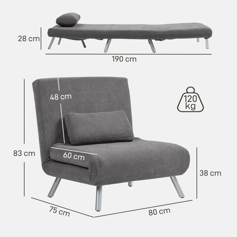 HOMCOM Sofá Cama de Uma Praça Dobrável Revestido em Tecido Cinzento Mesclado com Encosto Ajustável em 5 Níveis 80x75x83 cm