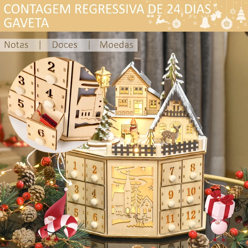 HOMCOM Calendário do Advento de Natal em Madeira Reutilizável com Luzes LED, 24 Gavetas, Cena de Aldeia, 25x20x29 cm, Natural
