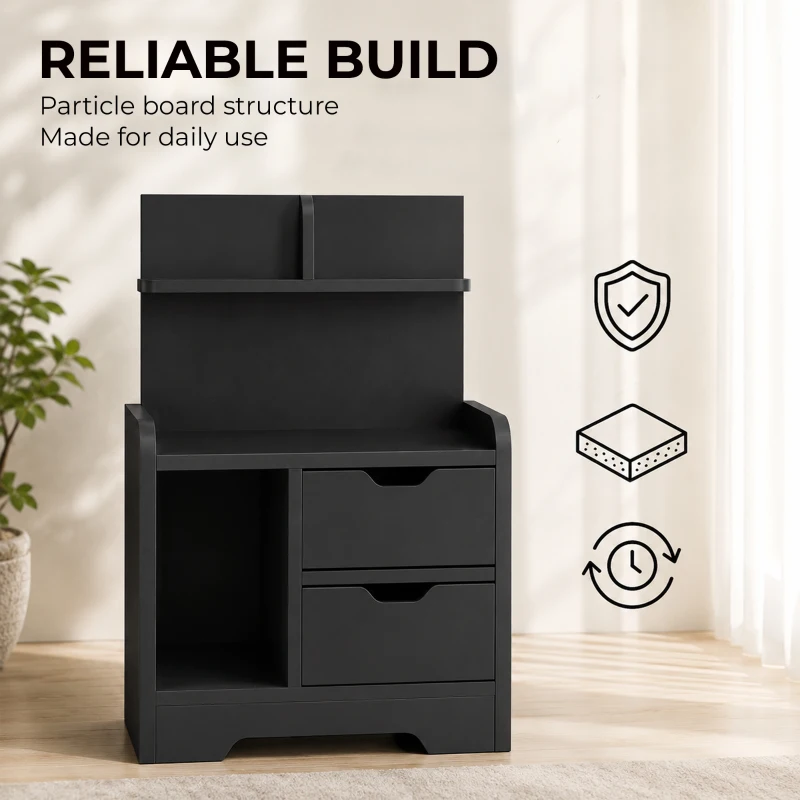 HOMCOM Bedside Table, Small Bedside Cabinet with 2 Drawers and Storage Shelves for Bedroom, Black Wood Effect