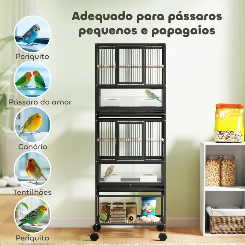 PawHut Gaiola para Pássaros de 2 Níveis com Rodas Painéis Acrílicos Comedouros Prateleira Bandejas Amovíveis  48x46x134,5 cm Preto