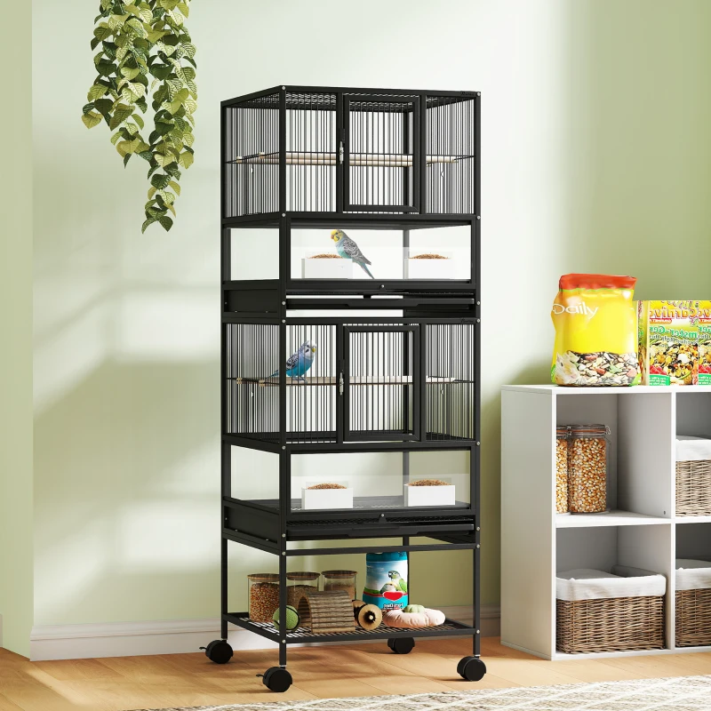 PawHut Gaiola para Pássaros de 2 Níveis com Rodas Painéis Acrílicos Comedouros Prateleira Bandejas Amovíveis  48x46x134,5 cm Preto