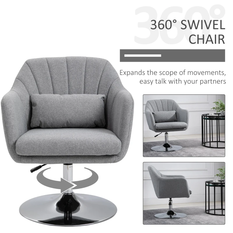 HOMCOM Swivel Accent Chair, Linen Fabric Tub Vanity Chair, Modern Armchair with Adjustable Height and Lumbar Support for Living Room Bedroom Salon Make up Room Dressing Table, Light Grey