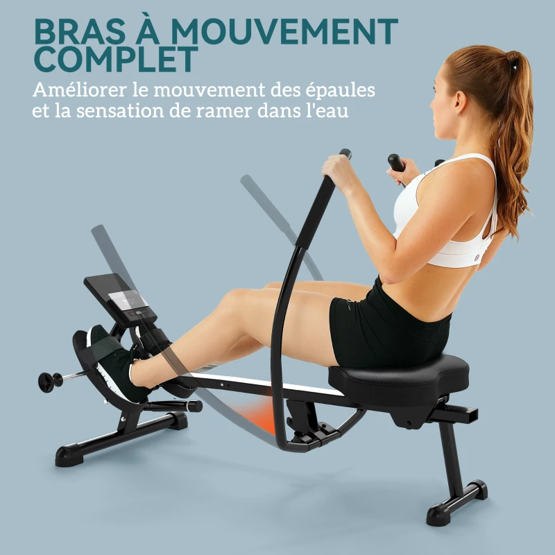 SPORTNOW Rameur hydraulique à 12 niveaux avec écran LCD, pour l'entraînement cardio à domicile, charge max. 130 kg, noir
