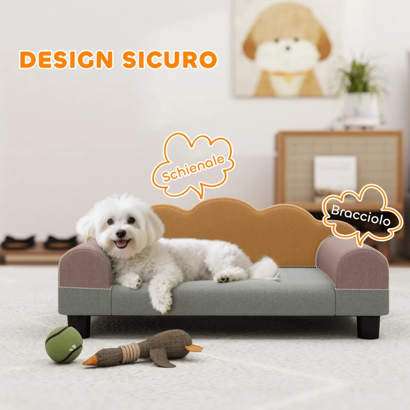 PawHut Divano per Cani con Braccioli di Supporto, in Legno e Tessuto French Terry, 66x42x28.5 cm, Grigio