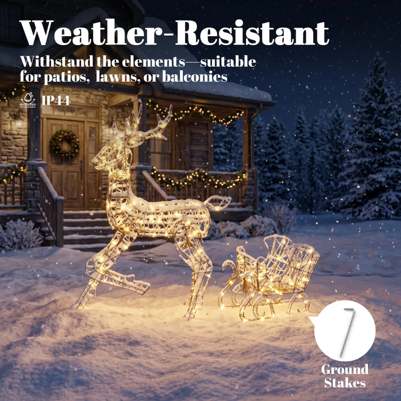 Outsunny Lighted Reindeer and Sleigh Set, 2-Piece PP Rattan Outdoor Christmas Decoration with LEDs, 8 Modes, Daily Timer