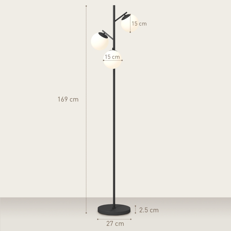 HOMCOM 3-Light Tree Floor Lamps for Living Room, Modern Standing Lamp for Bedroom with Globe Lampshade, Steel Base, Bulb not Included, Black