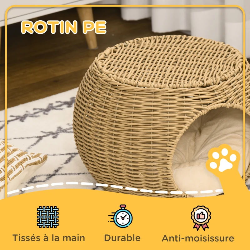 PawHut Niche panier maison pour chat 2 niveaux en résine tressée aspect rotin avec 1 coussin doux Ø 40 x 30 cm marron clair