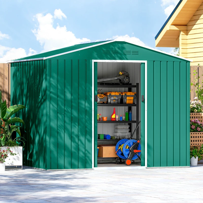 Outsunny Abrigo de Jardim Exterior 3,6 m² 236x171x191 cm com Portas Deslizantes e Ranhuras de Ventilação Verde