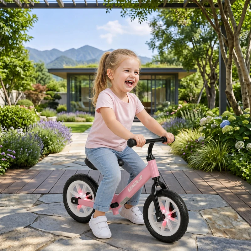 AIYAPLAY 11.2" Balance Bike for 2-5 Years, Toddler Bike with Lighting Wheels, Adjustable Seat & Handlebar, 360° Steering, Pink