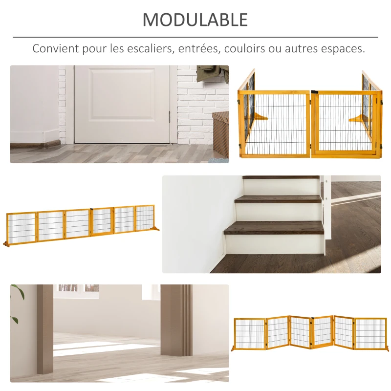 PawHut Lot de 2 barrières de sécurité chien barrière modulable pliable 6 panneaux 2 pieds support bois de pin jaune
