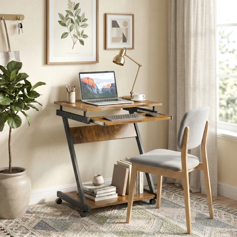 HOMCOM Movable Computer Desk with 4 Moving Wheels and Keyboard Tray