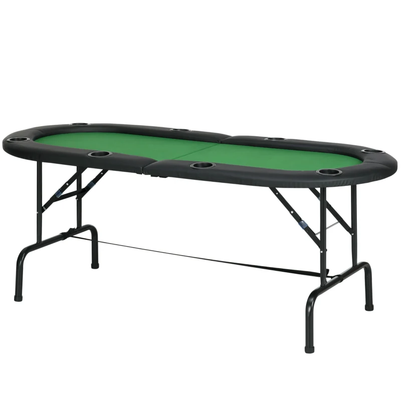 HOMCOM 8 Player Folding Poker Table, Oval Portable Blackjack Casino Table with Cup Holder, Felt Top and Metal Base, 183 x 82 x 75cm, Green and Black