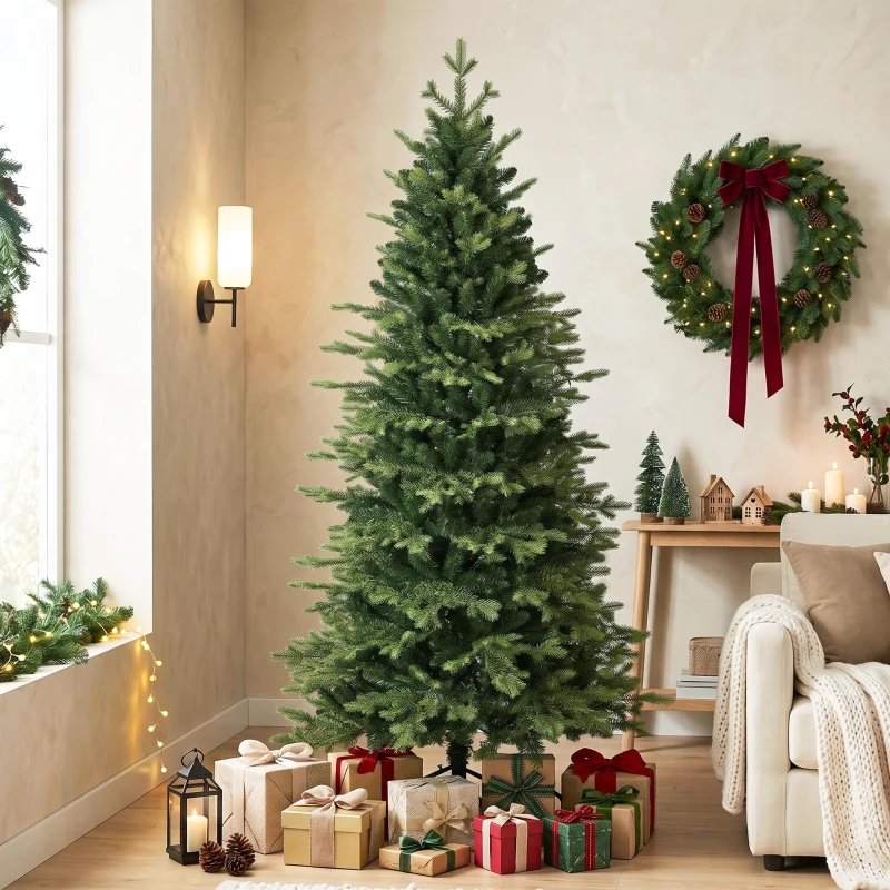 HOMCOM Geneva Fir Hinged Xmas Tree, 6ft/180cm Artificial Christmas Tree with 1610 Branch Tips, Foldable Steel Stand, Green