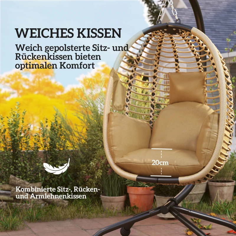 Outsunny Hangstoel met frame, inklapbare eivormige schommel met wasbare zitting, bekerhouder, veiligheidskoord, beige