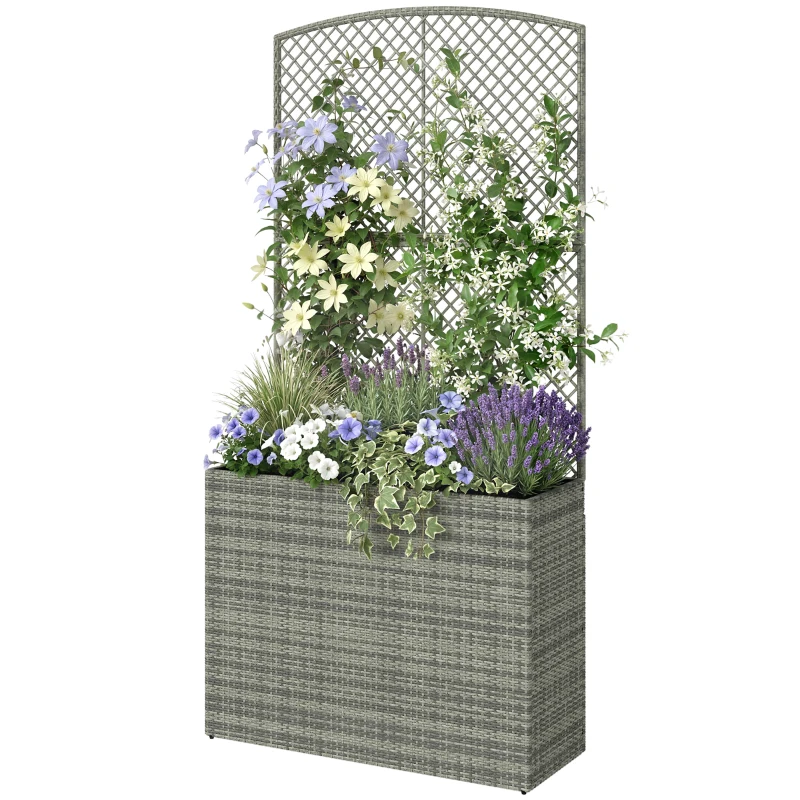 Outsunny Rattan Planter with Trellis, Raised Beds for Garden with Liner for Climbing Plants Vegetables Flowers, Dark Grey