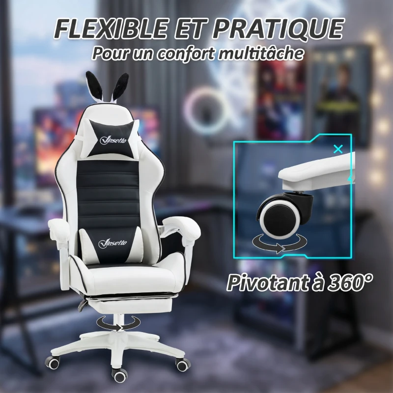 Vinsetto Chaise de gaming avec support lombaire, hauteur réglable, dossier inclinable, oreilles de lapin et appui-tête, noir