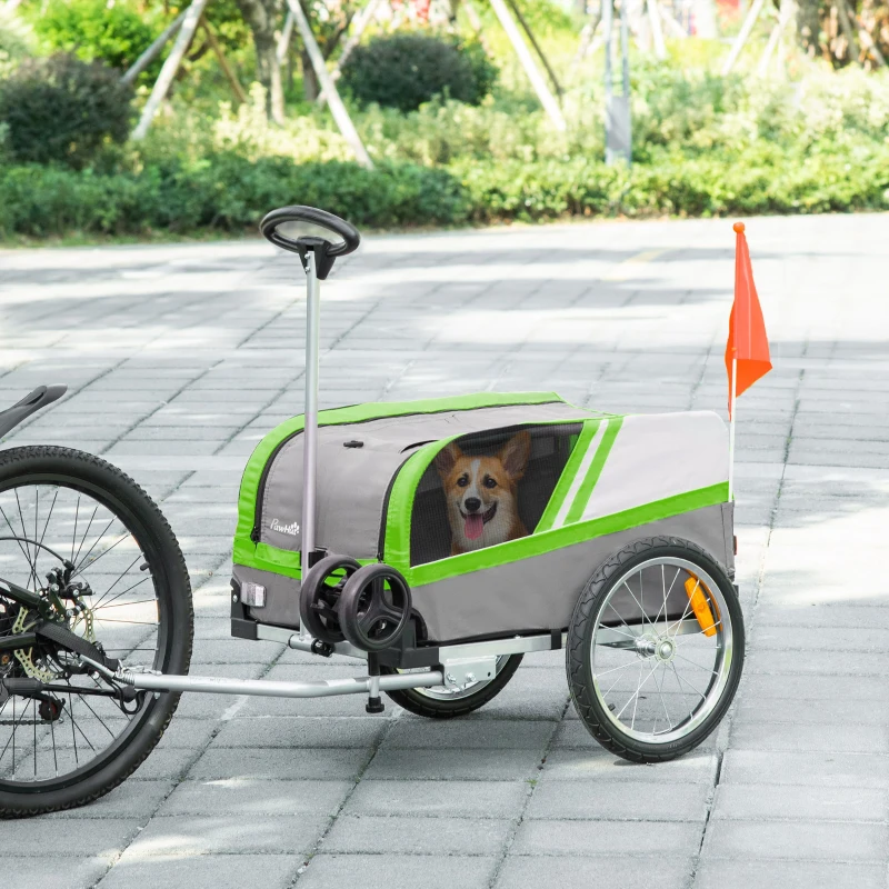 PawHut Reboque de Bicicleta para Cães 2 em 1 Carrinho para Animais de Estimação com Porta Enrolável Cinto de Segurança Bandeira e Refletores 130x64x92cm Verde e Cinza