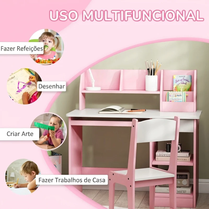 ZONEKIZ Secretária e Cadeira Infantil com Arrumação para Estudo, Leitura e Brincadeiras Rosa
