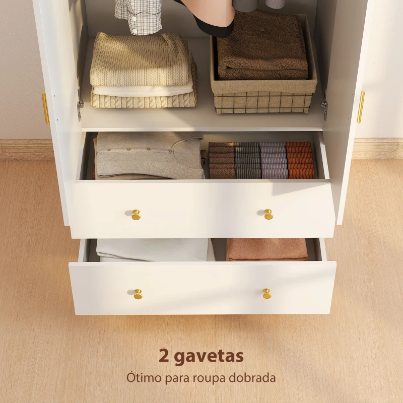 HOMCOM Roupeiro com  2 Portas e 2 Gavetas Armário Roupeiro com Espelho Barra para Pendurar Estilo Moderno 80x50x180 cm Branco