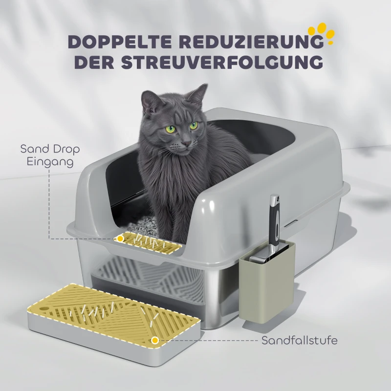 PawHut Kattentoilet, Roestvrijstaal, Hoge Randen, Opbergbox, Lichtgrijs