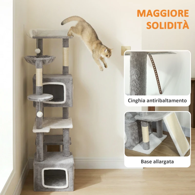 PawHut Albero Tiragraffi per Gatti con 2 Casette, Rampa, Trespoli e 4 Palline, 48x40x165 cm, Grigio e Bianco
