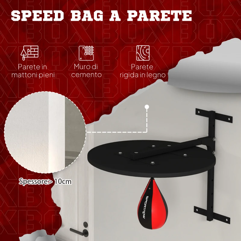 SPORTNOW Punching Ball a Muro con Speed Bag Girevole a 360° e Regolabile su 7 Altezze, Nero e Rosso