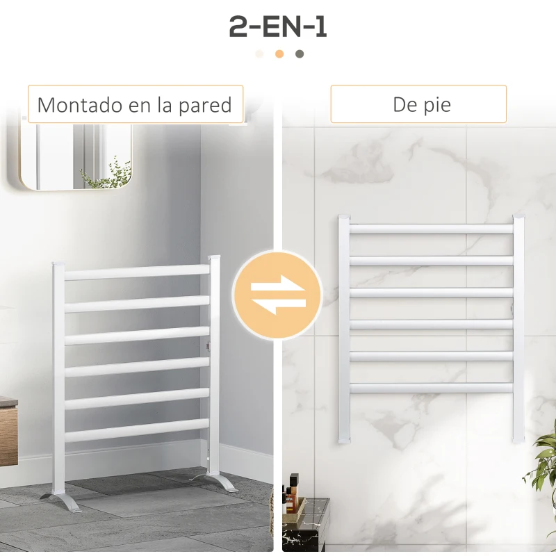 HOMCOM Toallero Eléctrico Radiador 140W IPX4 Calentador de Toallas con 6 Barras para Pared o Suelo 69x36x90 cm Plata