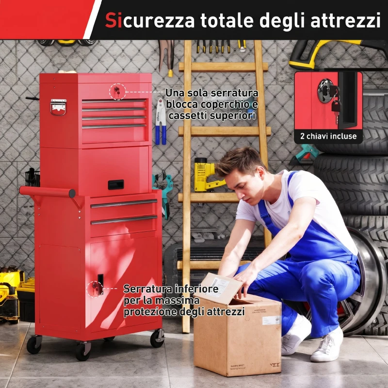 HOMCOM Carrello Porta Attrezzi in Acciaio con Serratura, 6 Cassetti, 2 Armadi, Pannello Forato, Ruote e Maniglia, Rosso