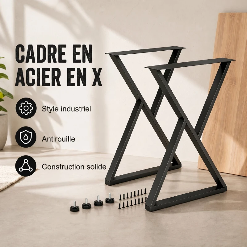 HOMCOM Pieds de table en acier, 60 x 72 cm, lot de 2 pieds de bureau en forme X avec patins réglables et vis, noir