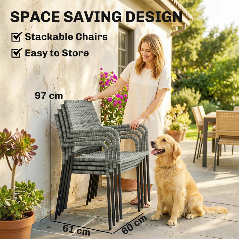 Outsunny 4 Seater Rattan Dining Set with Parasol, 6 Piece Garden Table and Stackable Chairs with Tempered Glass Tabletop