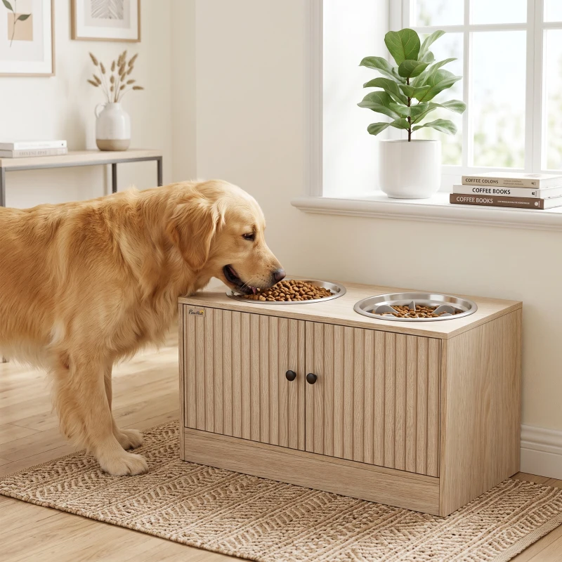 PawHut Gamelles pour chiens surélevées porte-gamelles avec rangement de 40L, 2 bols en acier inoxydable 60 x 30 x 35,5 cm chêne