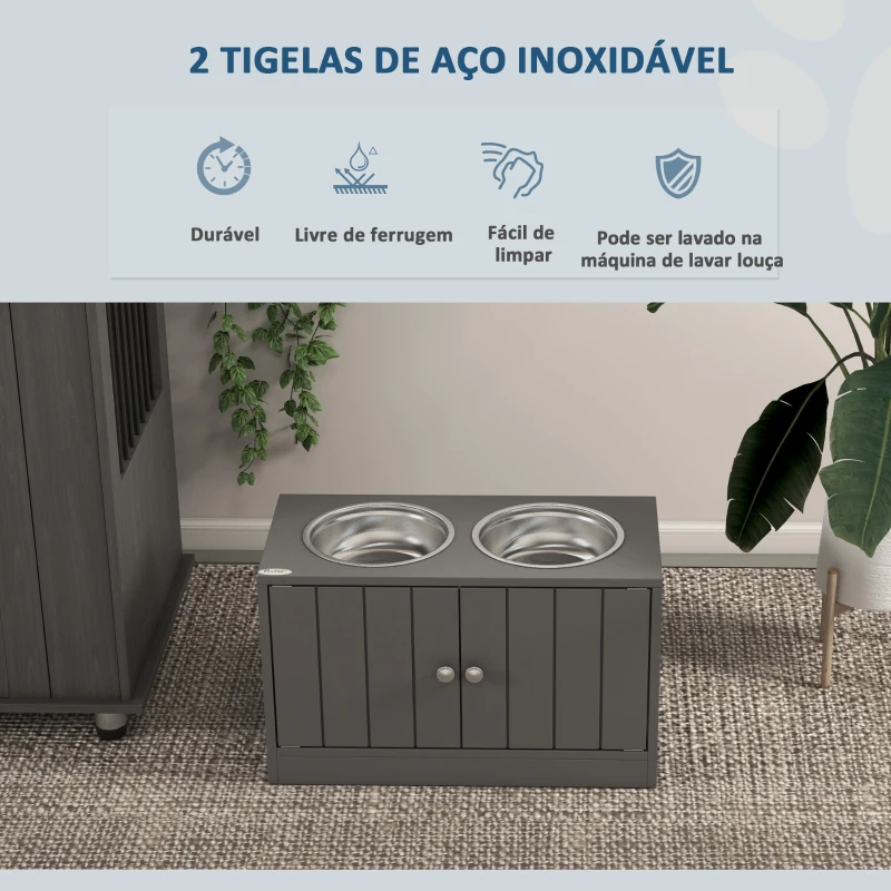 PawHut Comedouro Elevado Cinzento para Cães Grandes com 2 Tigelas de 2L, 2 Portas e Arrumação, 60x30x35,5 cm