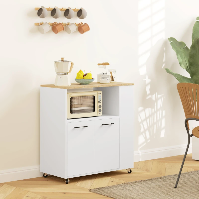 HOMCOM Carrito de Cocina con Ruedas 2 Puertas Estante Ajustable Especieros para Comedor 75x40x80,5 cm Blanco