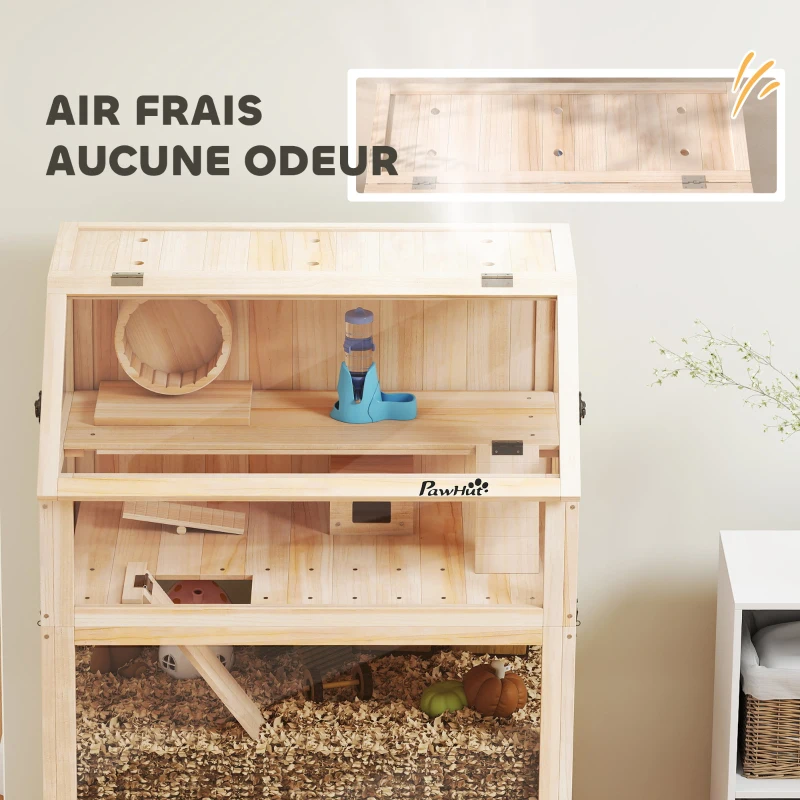 PawHut Cage pour hamster habitat pour rongeur 3 étages avec panneau acrylique et roue 80x53x117cm effet bois naturel