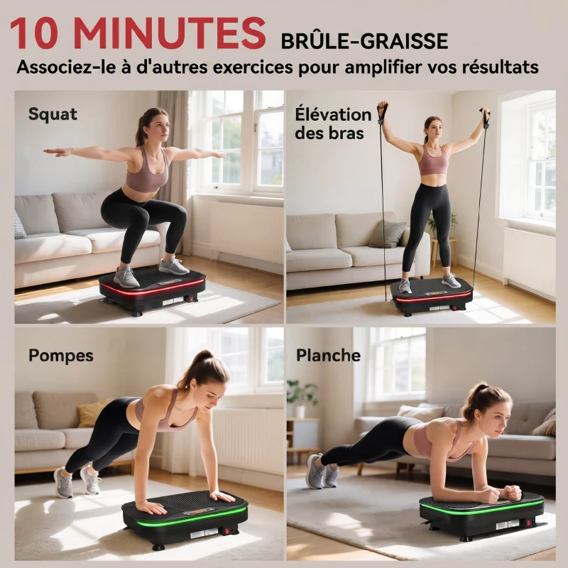 SPORTNOW Plateforme Vibrante avec Lumières, Bluetooth, 3 Programmes, 99 Vitesses, Télécommande, Écran LED, 47x32x12cm, Noir