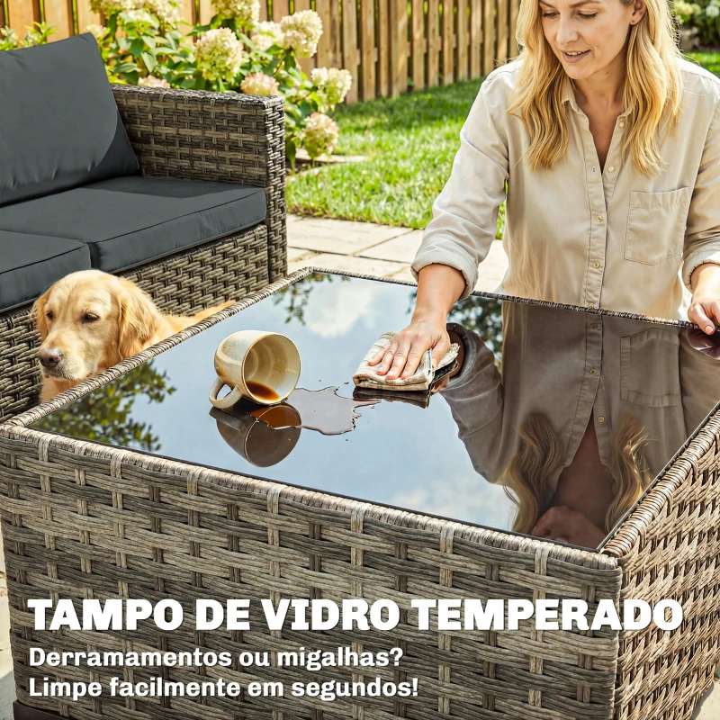 Outsunny Conjunto de Jardim em Vime de 5 Peças Inclui Almofadas 2 Poltronas de Canto Poltrona sem Braços Apoia-Pés e Mesa de Centro Cinza Escuro