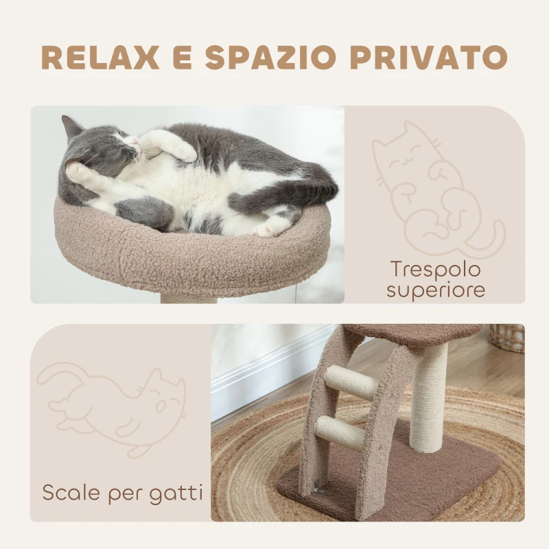 PawHut Albero Tiragraffi a 3 Livelli con Trespolo Superiore e Pallina Giocattolo, 48x40x88 cm, Bianco e Marrone