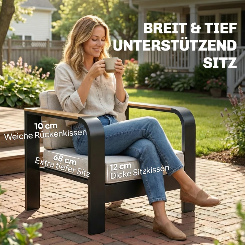 Outsunny Tuinmeubelset aluminium zitgroep voor 4 personen waterafstotend extra diep met 2-zitsbank, 2 fauteuils en bijzettafel