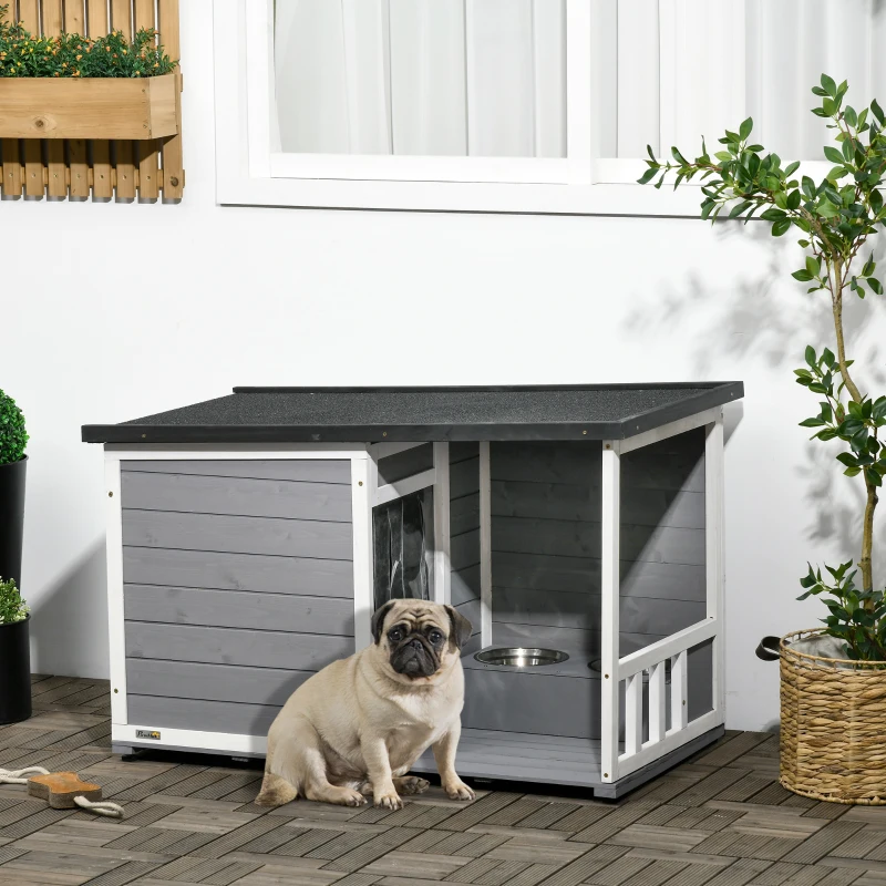 PawHut Hundehütte aus Massivholz, mit 2 Fressnäpfen, Veranda, wetterbeständig, 103 cm x 62 cm x 66 cm, Grau + Weiß