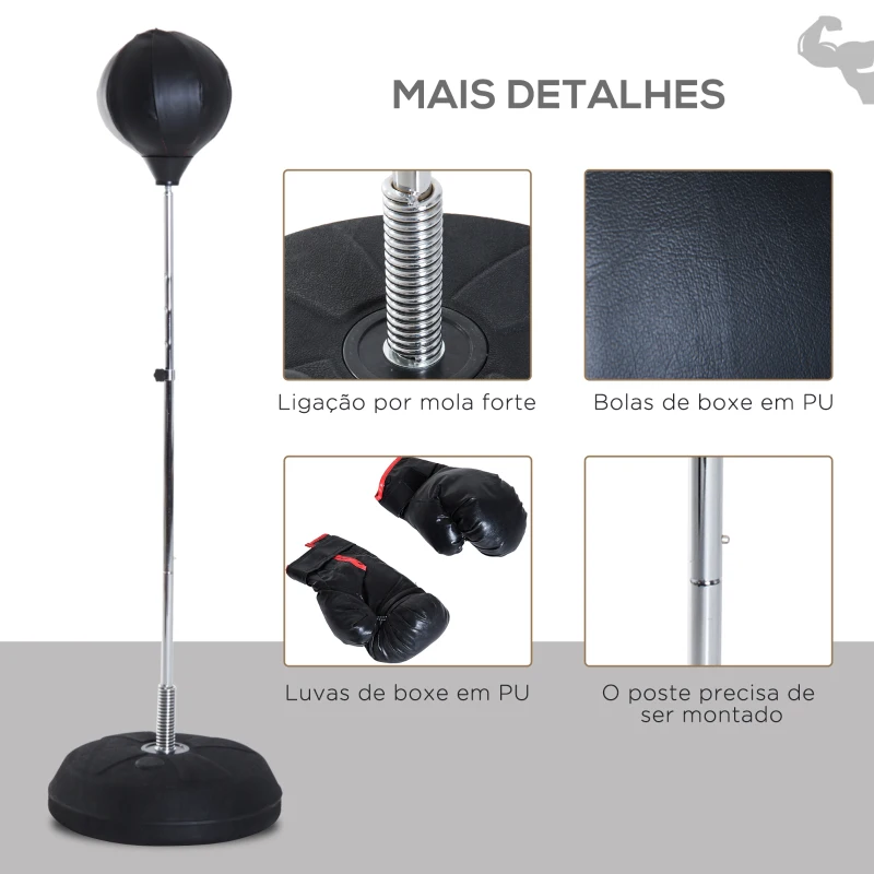 HOMCOM Saco de Boxe de Pé Punching Ball com Altura Ajustável em 4 Níveis 126-144 cm Base Preenchível e Luvas de Boxe para Adultos e Adolescentes Preto