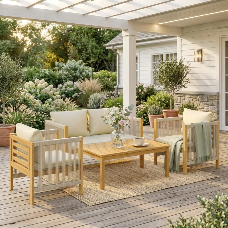 Outsunny Conjunto de Móveis de Jardim de 4 Peças com Sofá de 2 Lugares 2 Poltronas Mesa de Madeira Almofadas e Corda de PP Madeira e Bege
